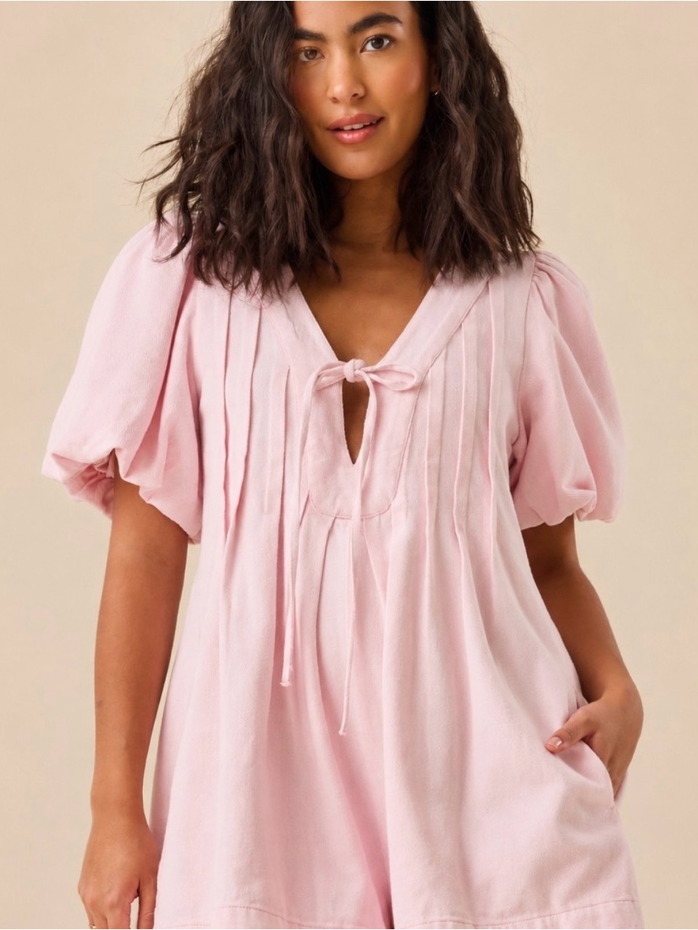 NWT Altar'd State Evie Puff Sleeve Pink Denim Romper